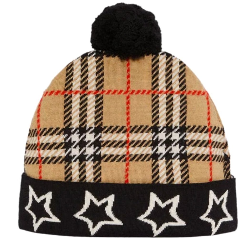 Burberry Unisex Boy Girl Check Stars Wool Pom Pom Beanie Hat Sz Medium Beige Nwt